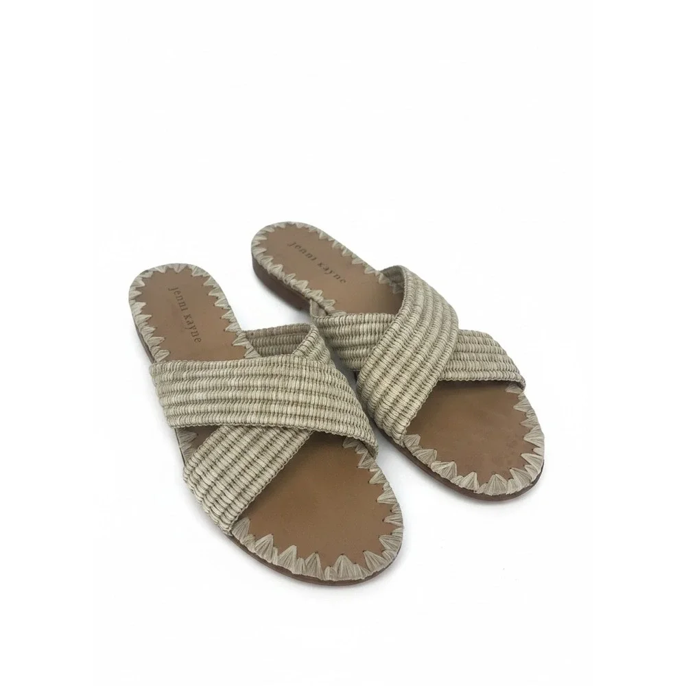 Jenni Kayne Raffia Crossover Sandals Tan Cream Woven Flat Slides Size 38